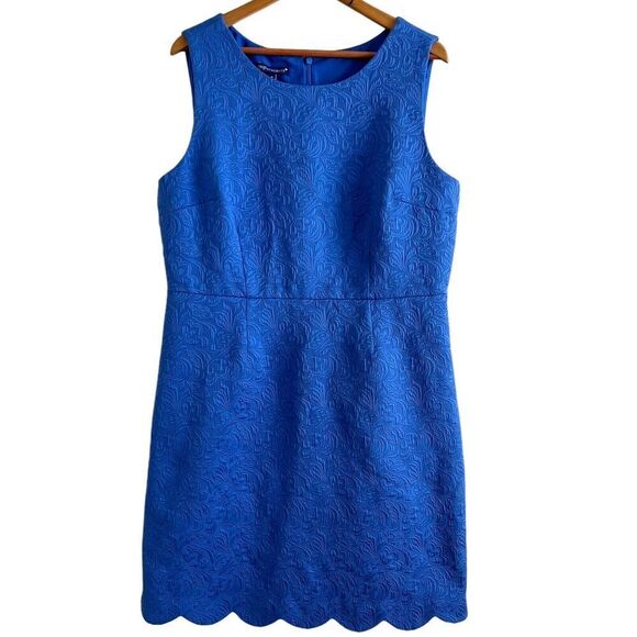 Talbots Scalloped Jacquard Dress 16 Royal Blue Wedding Guest Preppy - Picture 1 of 13